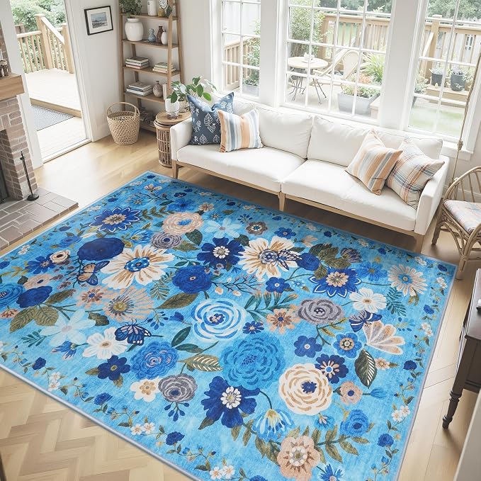 Blue Floral Area Rug 8x10 for Living Room Bedroom | Non Slip; Stain Resistant; by WelcometoBabovid