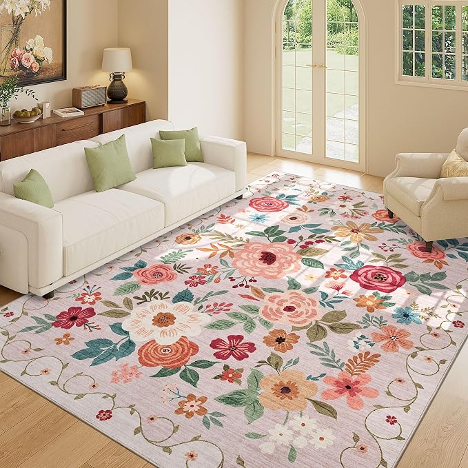 DUKINO 9x12 Area Rug for Living Room, Floral Washable Rug Non Slip, Low Pile - Image 3