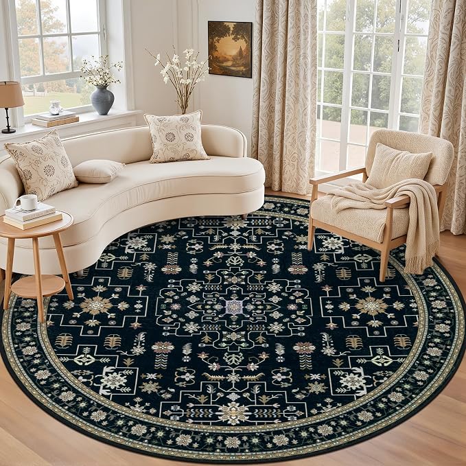 Round Area Rug for Living Room: 4ft Washable Rug for Bedroom Black | Vintage by EXPEDIX