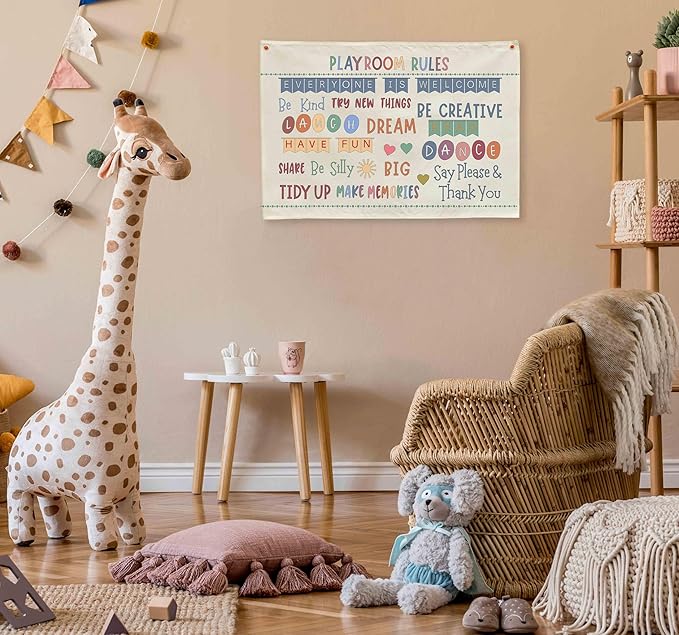 Sioial Playroom Kids Toddler Room Wall Decor, Play Room Rules Wall Decor for Kids Play Game Room Bedroom Nursery Home School Playroom Essentials,Canvas Hanging Banner Poster 28.5x20 Inch