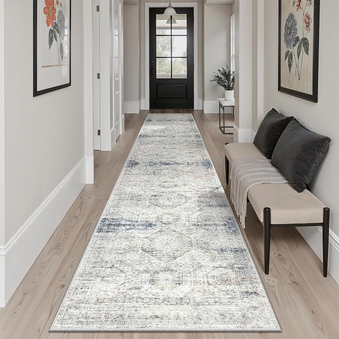 Soalmost Runner Rug 2x12 Washable Hallway Kitchen Runners Blue/Ivory | Non-Slip - Image 4