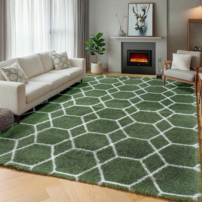 Area Rugs for Bedroom Living Room, 4x6 Fluffy Olive Green and White Rug | by ONASAR