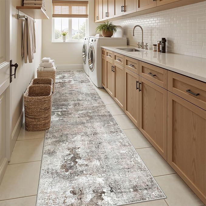 Soalmost Abstract Runner Rug 2x12 Hallway Kitchen Runners Pink/Grey | Vintage - Image 4