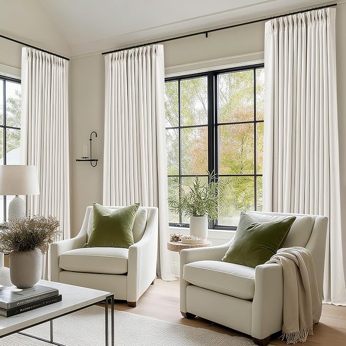 Ivory White Pinch Pleated Blackout Linen 92 Inch Bedroom Curtains 2 Panels | - Image 8