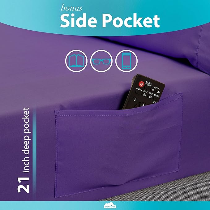 DREAMCARE Twin XL Sheet Sets – 3pcs Cooling Sheets – up to 21” Extra Deep Pocket Twin XL Sheets Set – Hotel Luxury Sheets & Pillowcases – Superior Softness 100% Fine Microfiber with Side Pocket Purple