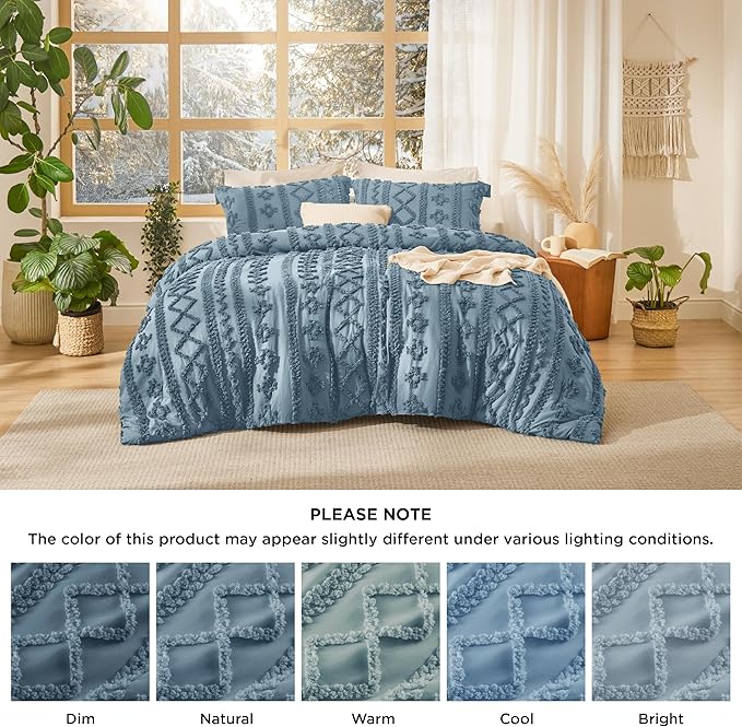 Bedsure Tufted Boho Comforter Set Full Size - Grayish Blue Boho Bed Set, GentleSoft™ 3 Pieces Farmhouse Shabby Chic Embroidery Bedding, Gifts for Woman, Soft Jacquard Full Comforter for All Seasons