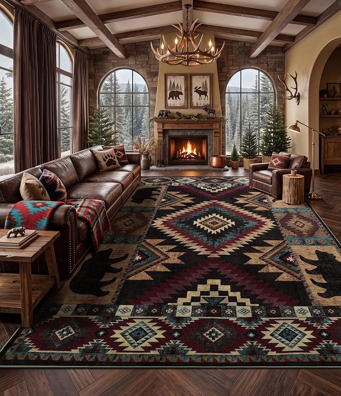 Rustic Cabin Area Rug 10x14, Lodge Wildlife Bear Washable Large Area Rug by YIHOUSE
