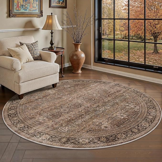 Schweek 6ft Round Rug Brown Washable Non-Slip Circle Area Rugs by Schweek