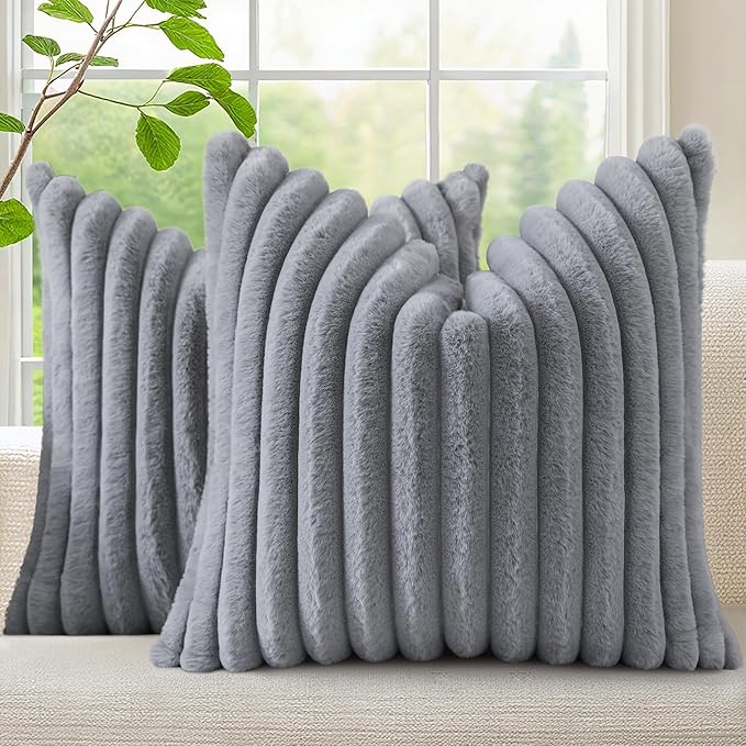 decorUhome Fall Faux Fur Throw Pillow Covers 20x20 Set of 2 Grey | Decorative by decorUhome