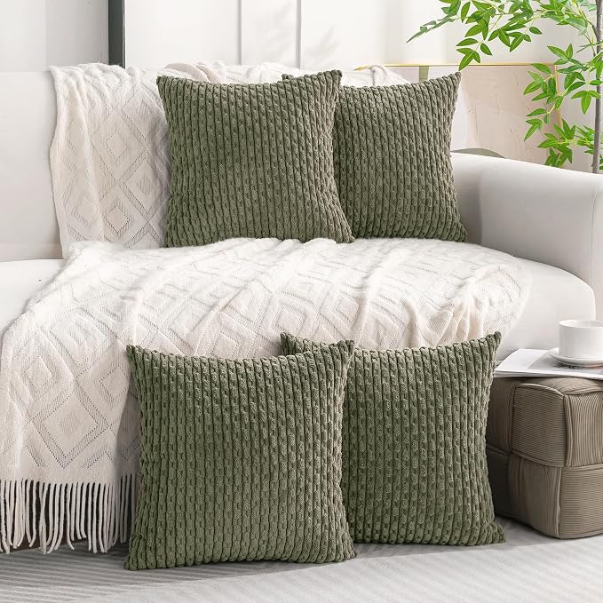 Set of 4 Olive Green Decorative Throw Pillow Covers 24x24 Inch Corduroy Pillow - Image 9