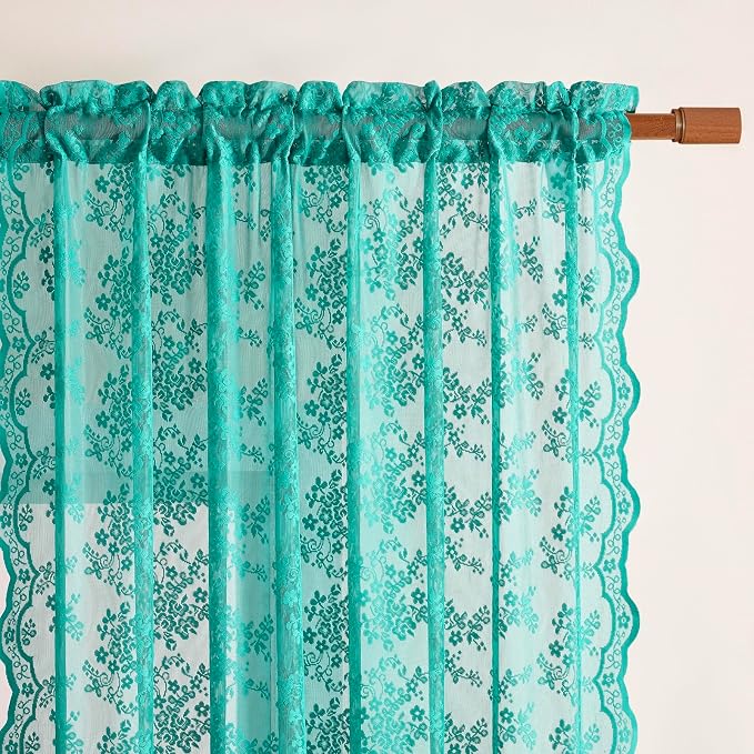 YJ YANJUN Vintage Lace Curtains 72 Inches Long-Victorian Floral Teal Sheer - Image 3