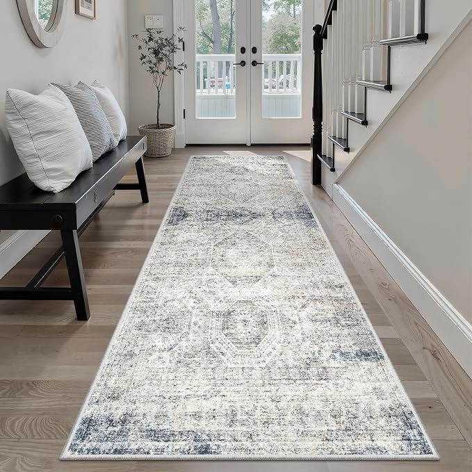 Soalmost Washable Runner Rug 2'6"x8' Kitchen Hallway Runners Blue/Ivory | Soft by Soalmost
