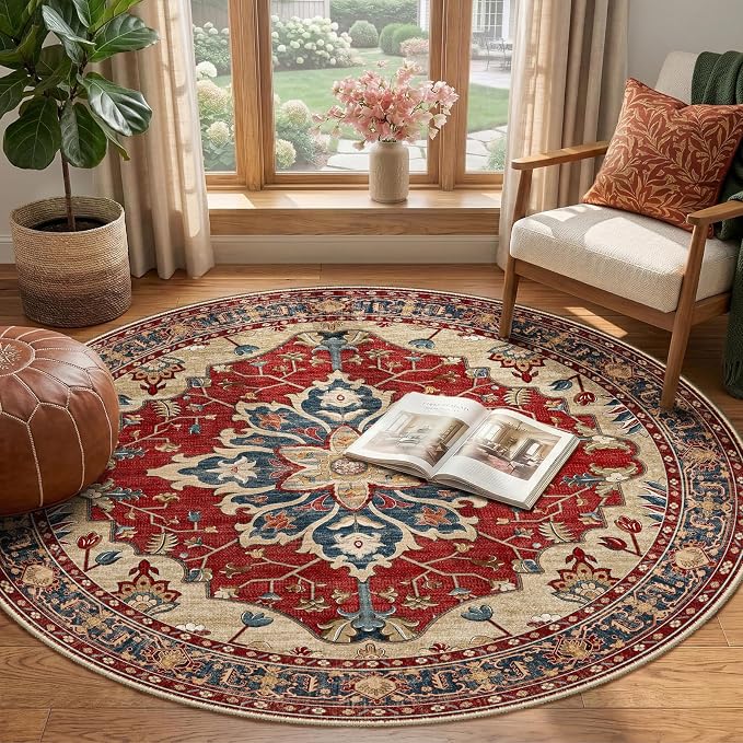 RELEANY Washable Area Rug, Round 4ft, Water Repellent, Pet Friendly, Vintage - Image 2