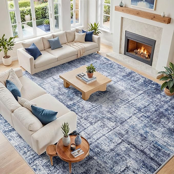 10x14 Washable Area Rug for Living Room Bedroom: Non-Slip Modern Navy Blue | by Oriannal