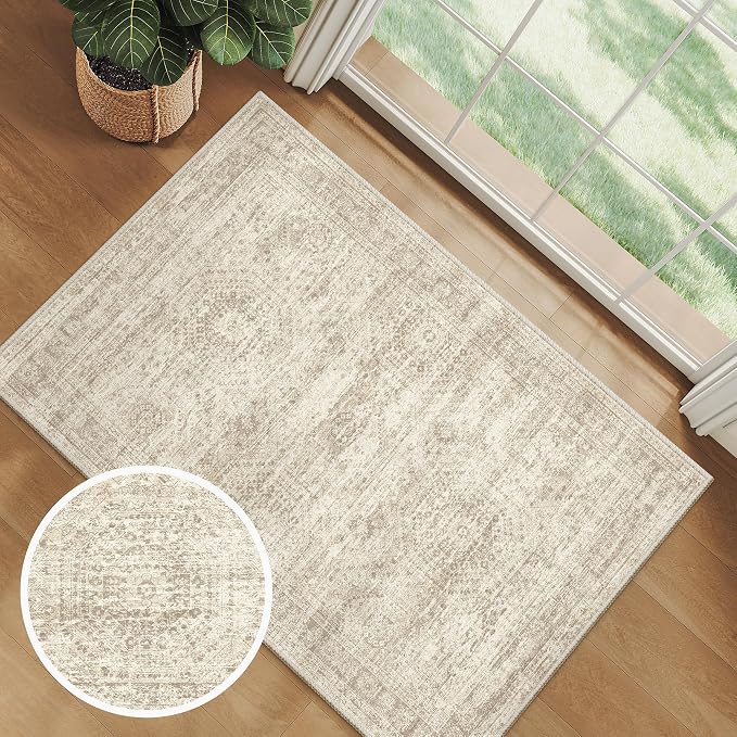 Soalmost 2x3 Washable Rugs for Kitchen, Small Area Rug Beige | Non-Slip Vintage - Image 2