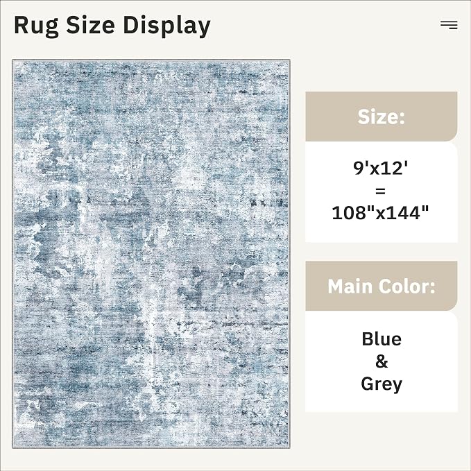 Soalmost 9x12 Area Rugs for Living Room Washable Rug Abstract Blue/Grey | - Image 5