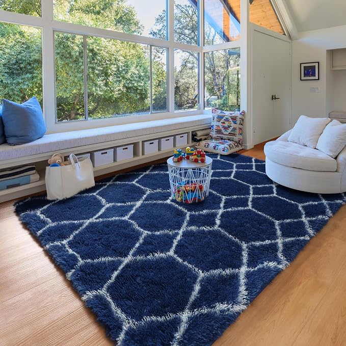 Area Rugs for Boys Bedroom Living Room, 4x6 Fluffy Navy Blue and White Rug | - Image 9