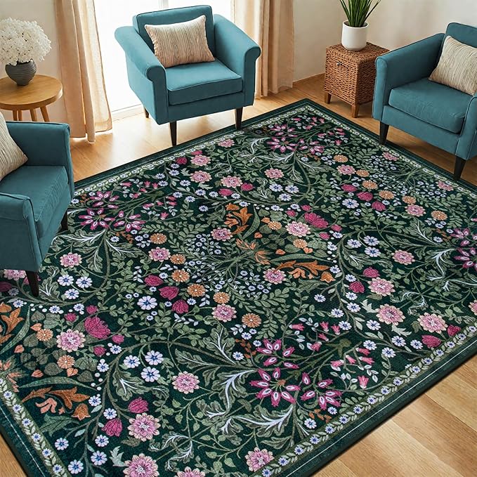 PLHXFR Area Rug Living Room: 5x7 Floral Washable Boho Carpet Dark Green | - Image 2