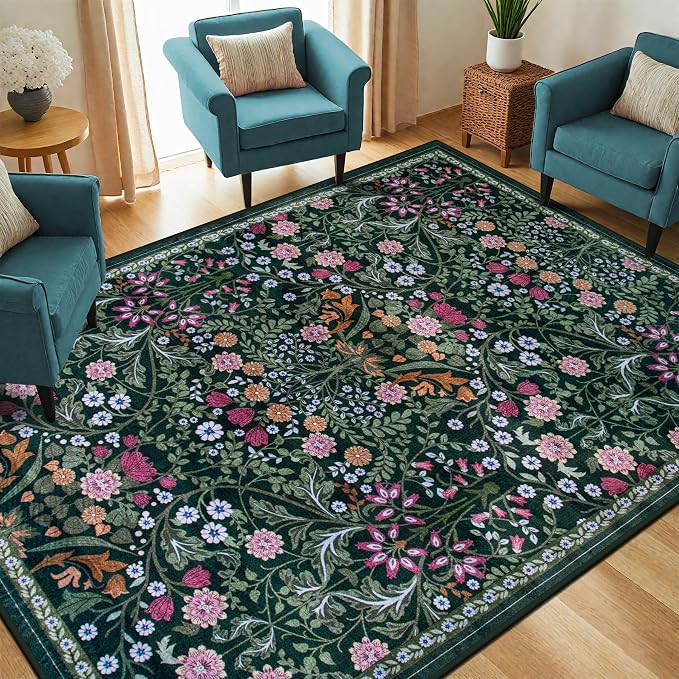 PLHXFR Area Rug Living Room: 4x6 Floral Washable Boho Carpet Dark Green | - Image 2