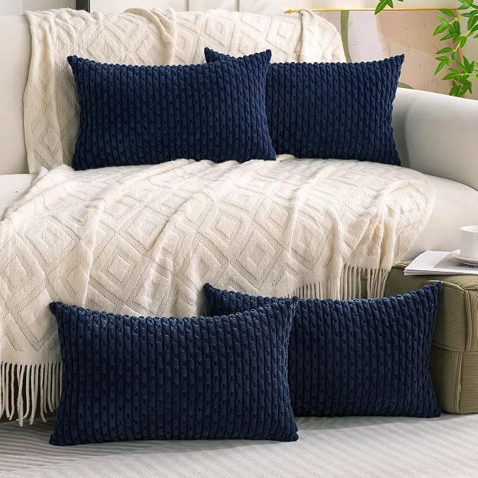 Set of 4 Navy Blue Decorative Throw Pillow Covers 12x20 Inch Corduroy Pillow - Image 6