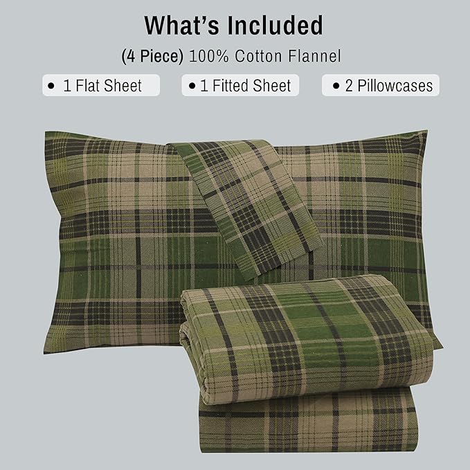 RUVANTI Flannel Sheets Queen Size - 100% Cotton Double Brushed Bed Sheets, Deep Pockets 16 Inches Queen Sheet Set, All Seasons Breathable & Extra Soft - Warm & Cozy, 4 Piece, DNA Plaid