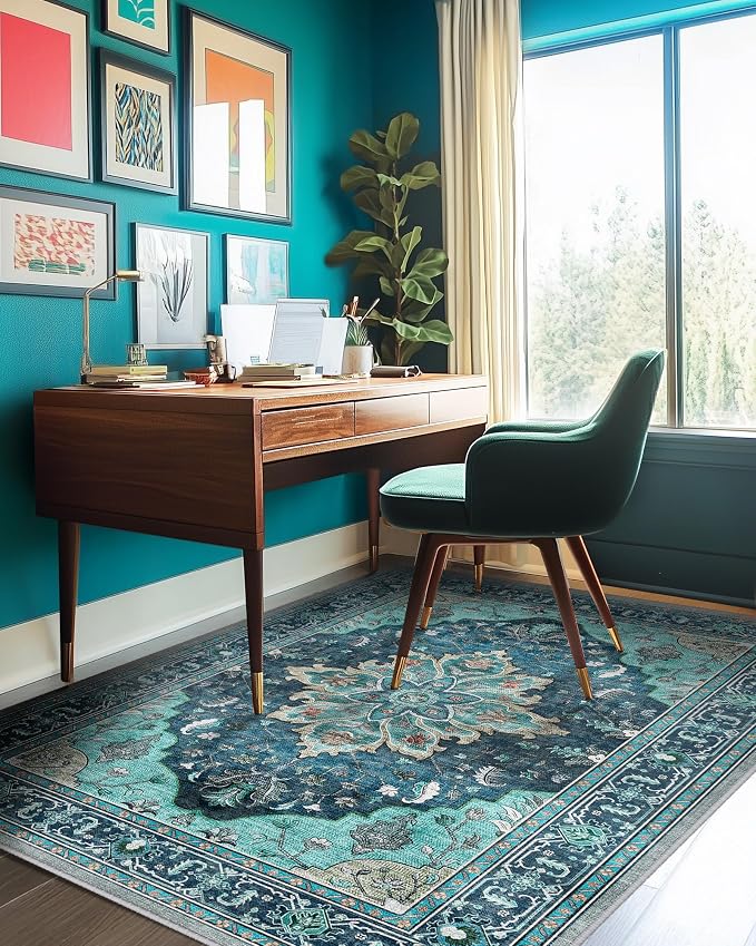 RELEANY Washable Area Rug, Teal | Non-Slip, Water Repellent, Pet Friendly - Image 9