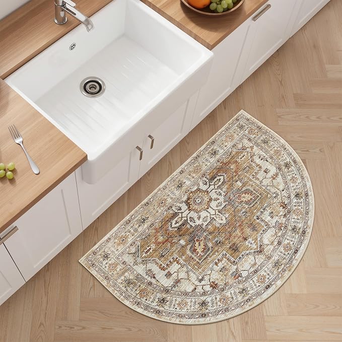 Madane Washable Half Circle Round Rug 2x3 Small Moon Rugs, Turmeric/Grey | - Image 3
