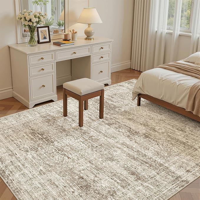 Soalmost 5x7 Area Rugs Brown Low Pile Washable Trendy Faded Style Rug | Vintage - Image 4