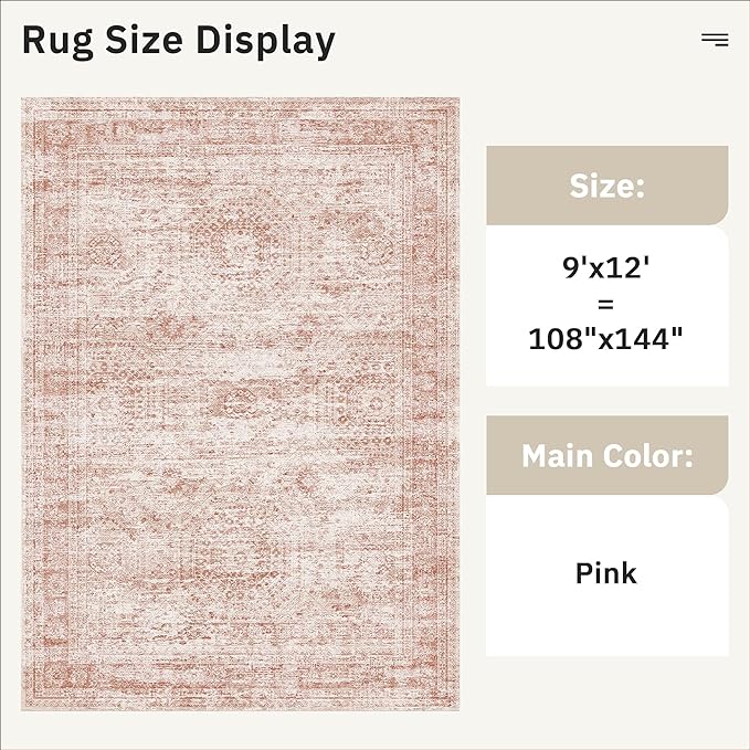 Soalmost 9x12 Area Rugs for Living Room Washable Rug Non-Slip Pink | Large - Image 3