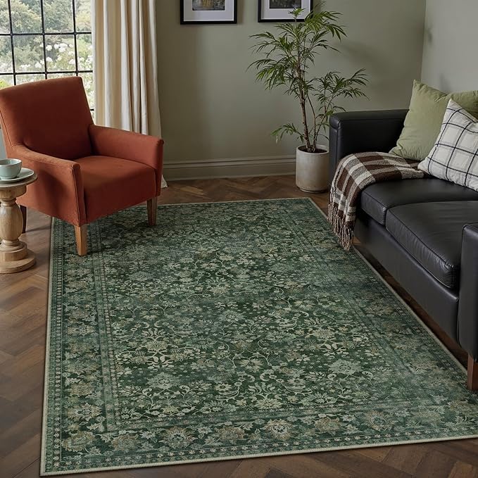 5x7 Dark Green Vintage Floral Washable Area Rug - Image 4