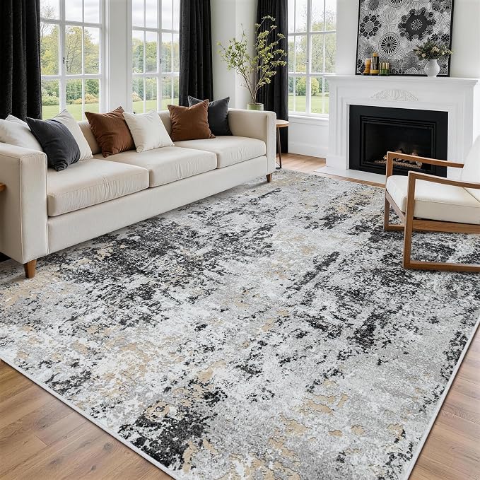 9x12 Area Rugs for Living Room Washable Bedroom Dining Room Black Grey Gold | - Image 9