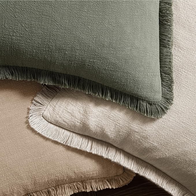 MIULEE Boho Linen Fringe Decorative Euro Throw Pillow Covers Camel 24x24 | Set - Image 4