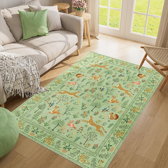 DUKINO 4x6 Area Rug, Non Slip Animal Washable Living Room Rug, Light Green | - Image 9
