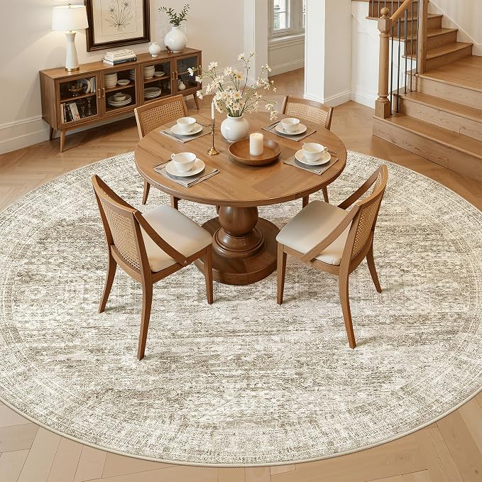 Soalmost Round Rugs 9ft Living Room Circle Area Rug 9x9 Brown Vintage | - Image 2