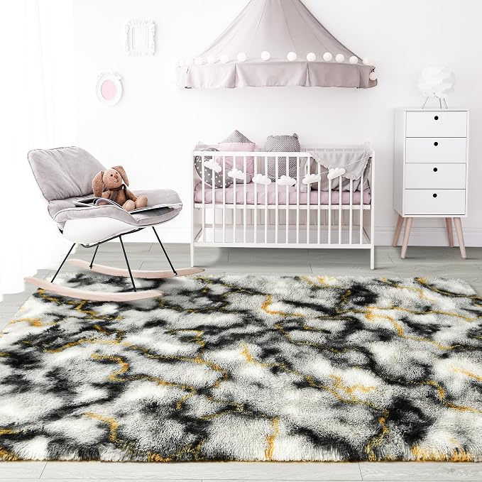4x6 Grey and Gold Fluffy Soft Area Rug Non-Slip - Image 7