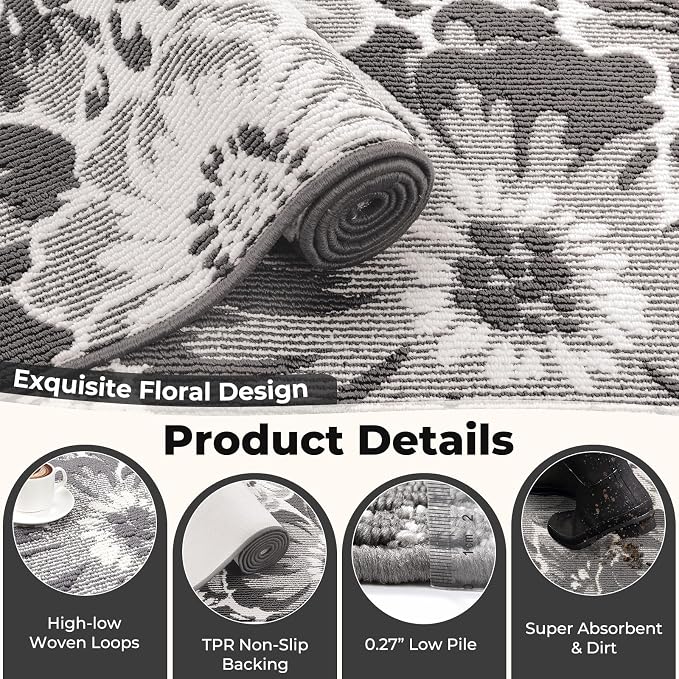 Findosom Hallway Runner Rug 2x10, Non Slip High-Low Textured Floral Washable - Image 7