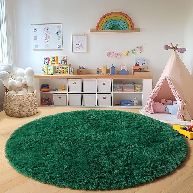 Dark Green Round Area Rug 4ft, Soft Bedroom Circle Rugs - Image 4