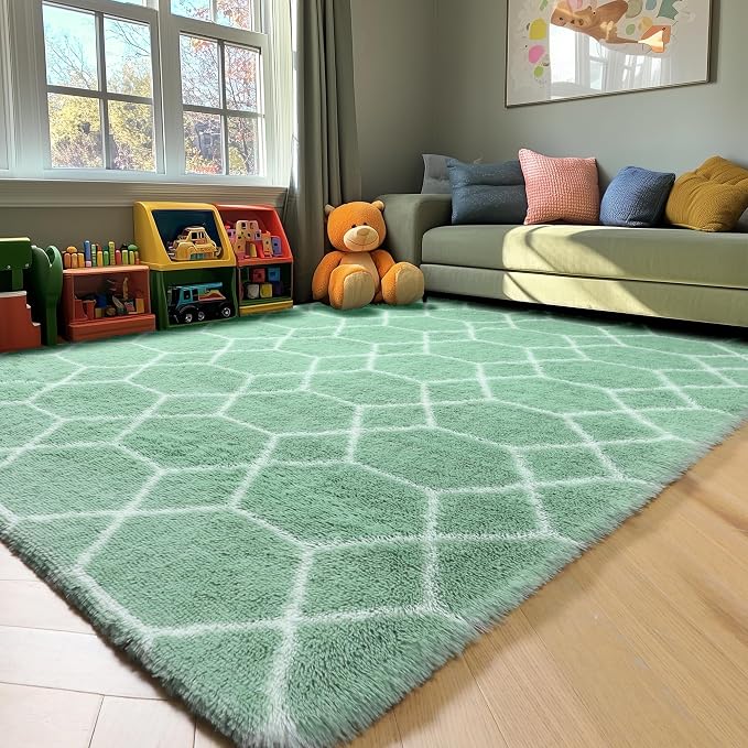 Area Rugs for Living Room, 5x8 Fluffy Sage Green and White Bedroom Rug | - Image 9