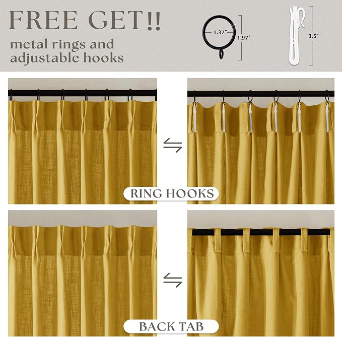 Mustard Yellow Pleated Semi Sheer Linen Curtains 102 Inches Long 2 Panel | - Image 5