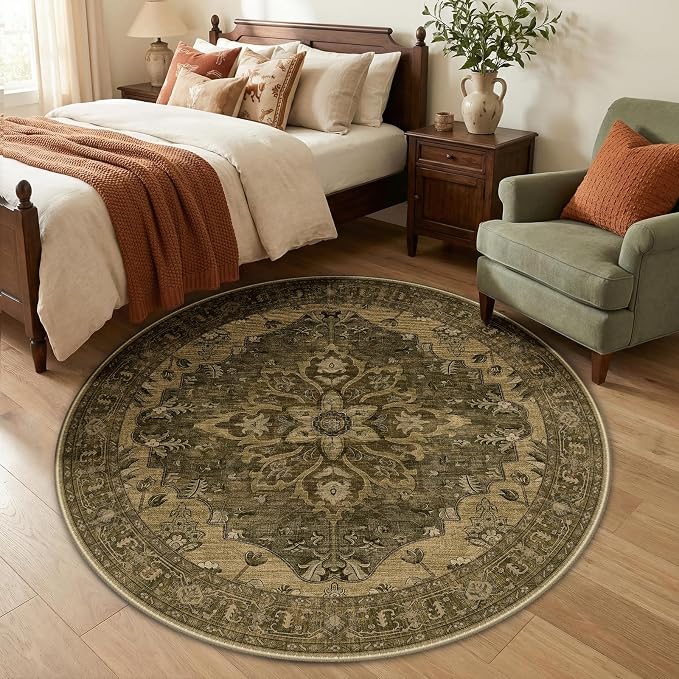 RELEANY Washable Area Rug, Round 5ft, Water Repellent, Pet Friendly, Vintage - Image 2