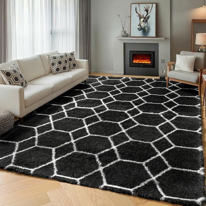 5x7 Area Rugs for Living Room Bedroom, Fluffy Black and White Geometric Rug | by ONASAR