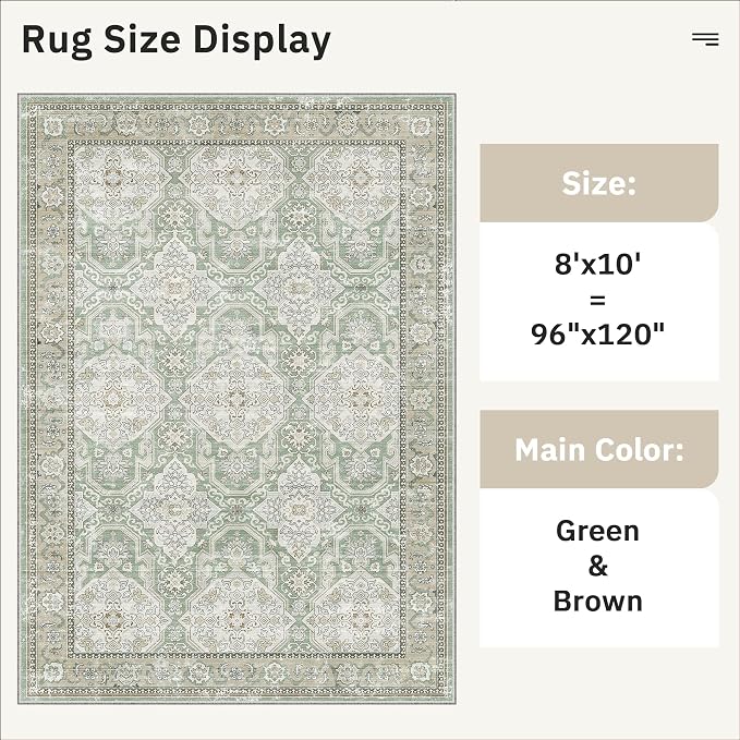 Soalmost 8x10 Area Rugs Large Washable Living Room Rug Non-Slip Green/Brown | - Image 5