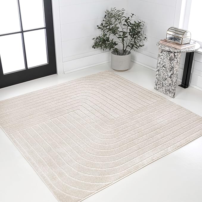 Eyely NCS101A-7SQ Scandinavian Odense Minimalist Angle Geometric Indoor Rug, Pet Friendly, Non-Shedding, Stain Resistant, Easy-Cleaning, Ivory/Cream, 7' Square, Indoor/Outdoor, Area Rug