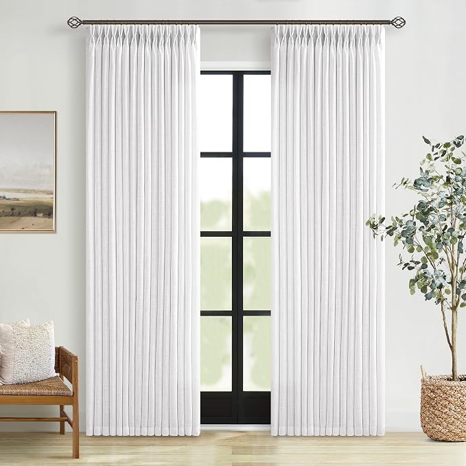 Pinch Pleated White Memory Shaped Semi Sheer Linen Curtains 102 Inches Long | by Twodrapes