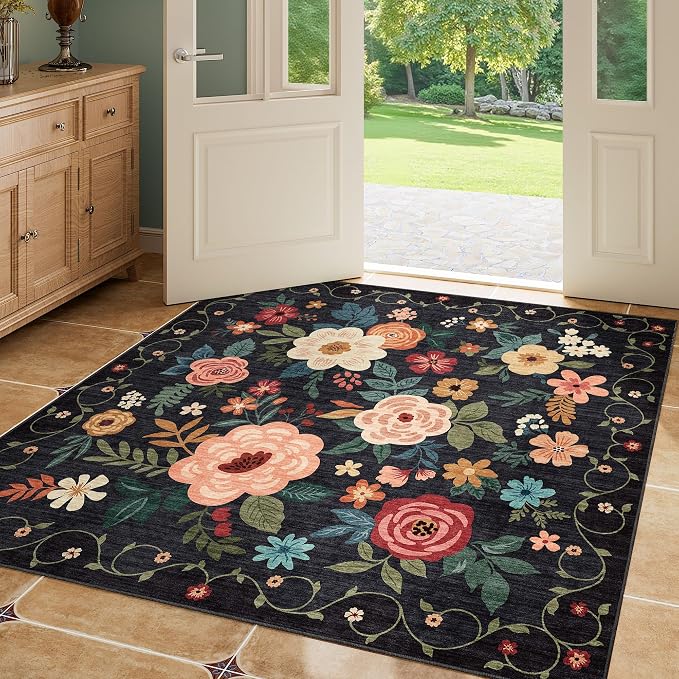 DUKINO 4x4 Square Area Rug, Soft Floral Washable Rug - Image 6