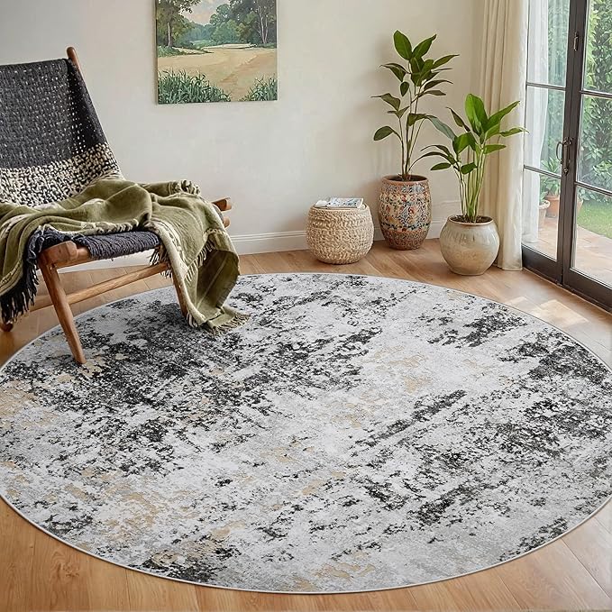 Round Rug 5ft Washable Rug for Dining Room Living Room Black Grey Gold | Modern by Aelenmu