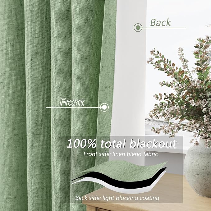 Light Sage 100% Blackout Linen Curtains 96 Inch Length 2 Panels Set - Image 4