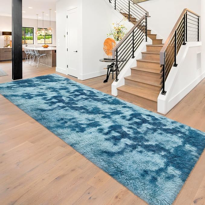 Super Soft Fluffy Living Room Area Rug 3x10 ft Tie-Dyed Light Blue Shaggy Furry by JiaoBaba