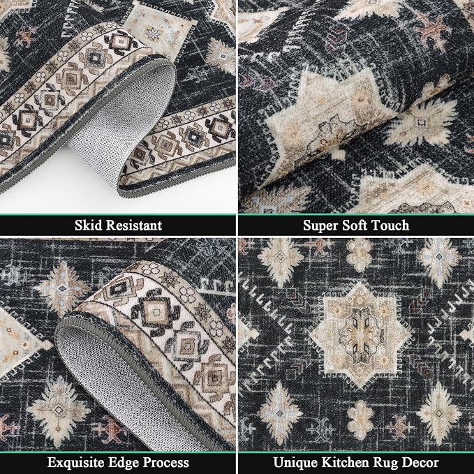 HEBE Boho Kitchen Rugs Set of 3, Non Slip Washable Kitchen Mats - Image 3