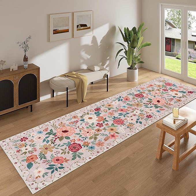 DUKINO 2x10 Runner Rug, Floral Washable Kitchen Runner Rug Non Slip, Low Pile - Image 3